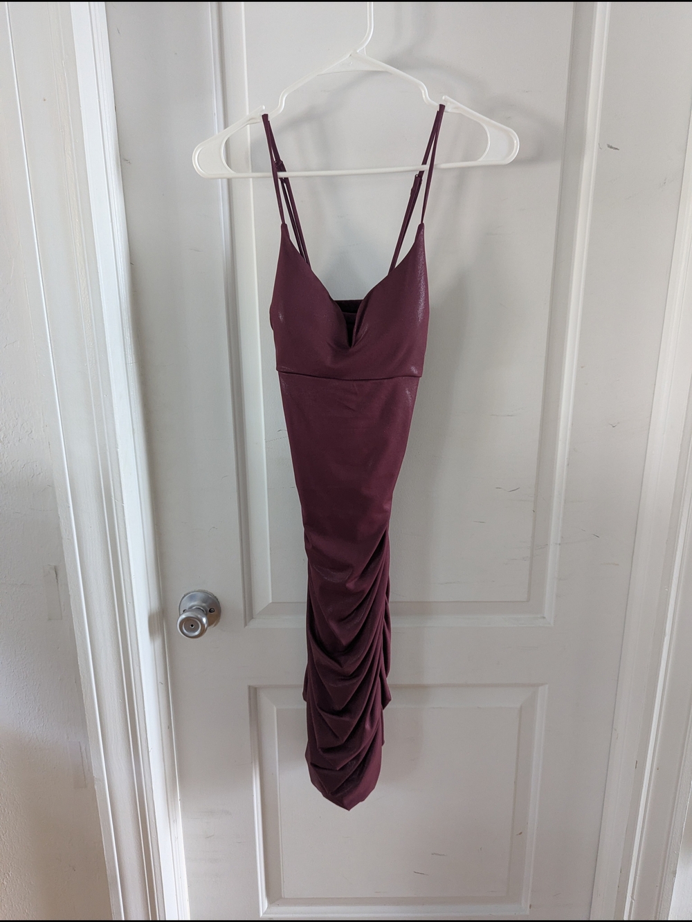 Sleeveless Burgundy Midi Slip Dress with Ruched Side Detail